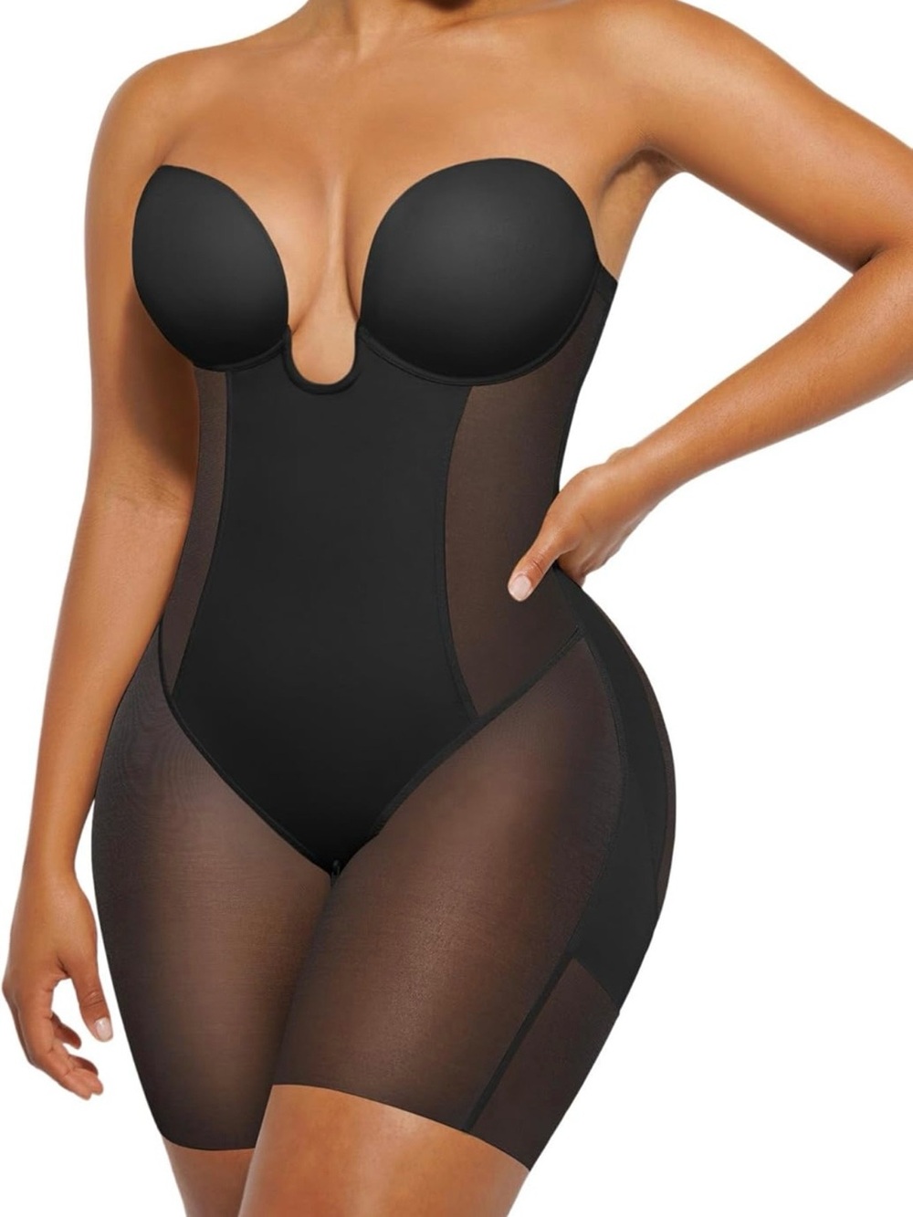 ShapeLLX 3x Black Deep Plunge Backless Bodysuit Hourglass Shaping Boost Breast